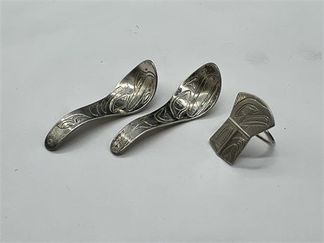 CARVED & SIGNED INDIGENOUS EARRINGS & RING