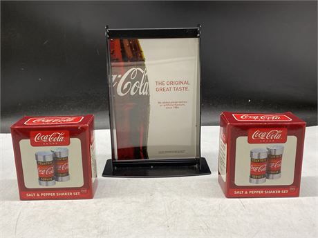 COCA COLA COLLECTIBLE LOT - MENU HOLDER (6”X9.5”) + 2 SETS OF S&P SHAKERS