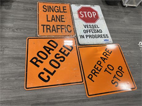 4 METAL ROAD SIGNS (Bottom 2 are 29.5”x29.5”)