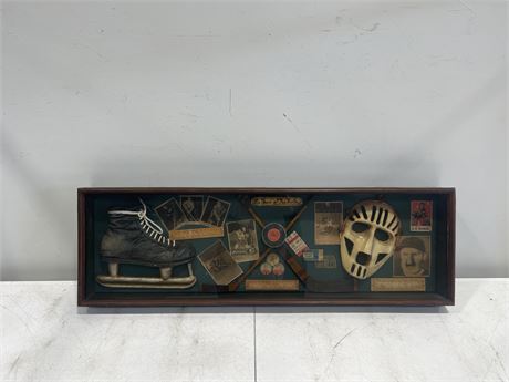 VINTAGE STYLE SHADOW BOX HOCKEY MEMORABILIA - 41”x13”