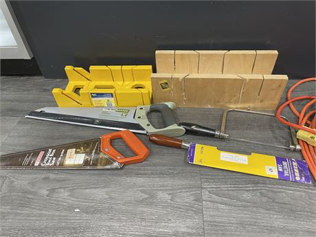 4 FINISHING SAWS + MITRE BOXES - NEARLY NEW