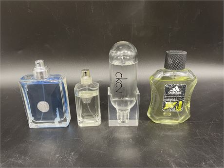 (4) MENS COLOGNES - ALL OVER 75% FULL - 2 VERSACE/CALVIN KLEIN/ADIDAS
