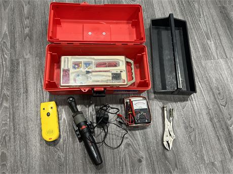 TOOL BOX W/STUD FINDER, ELECTRIC RATCHET, CAR SPARK, WIRE KIT