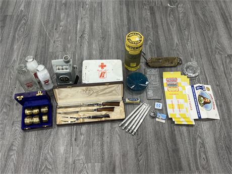 VINTAGE / COLLECTABLES LOT - CARVING SET, SEALED EARLY LISTERINE, SCALE & ECT