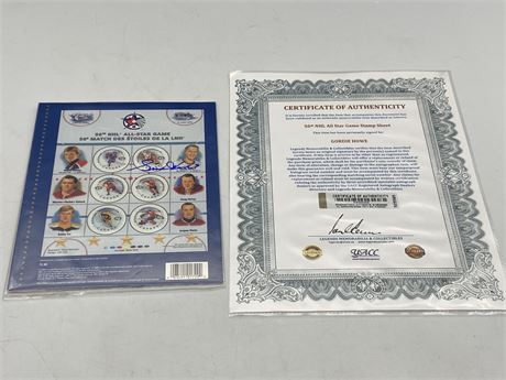 50TH NHL ALL STAR GAME COMMEMORATIVE STAMP SHEET SIGNED BY GORDIE HOWE W/COA