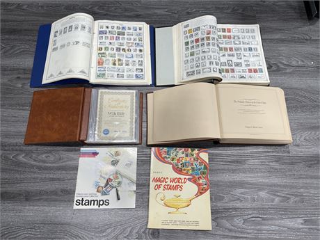 4 STAMP COLLECTION BOOKS (2 INCLUDE CANADIAN STAMPS - 2 MOSTLY AMERICAN)