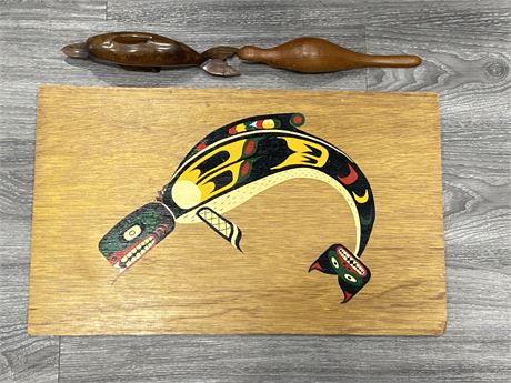 PAINTED SALMON ON WOOD BOARD (23”X14”) & 2 WOOD CARVINGS