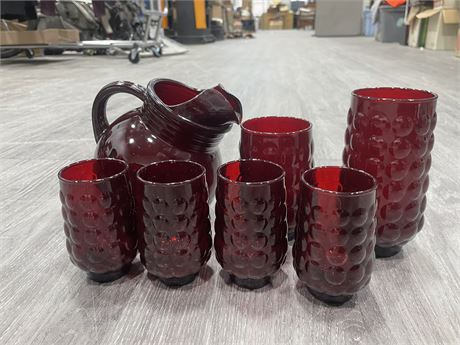 VINTAGE RUBY RED 6 HOBNAIL GLASSES + RUBY RED PITCHER