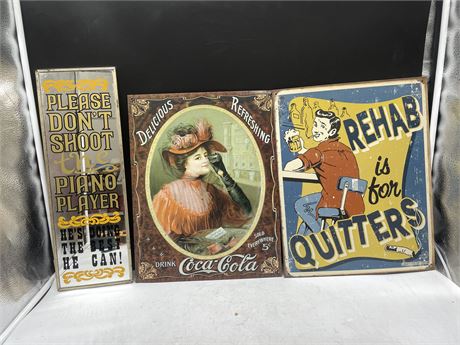 2 METAL SIGNS 12”x16” & PIANO PLAYER SIGNS 6”x18”