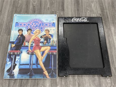 HOLLYWOOD DINER POSTER (23”X35”) & WOODEN COCA COLA CHALKBOARD