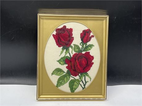 VINTAGE ROSES NEEDLE POINT IN FRAME - 9”x11”