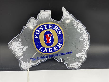 VINTAGE FOSTERS LAGER LIGHT UP BEER SIGN - WORKING - 15”x10”