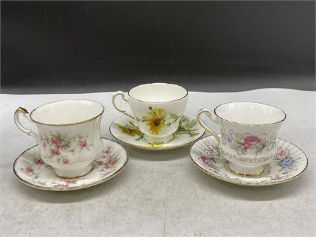 3 PARAGON TEA CUPS & SAUCERS MADE IN ENGLAND