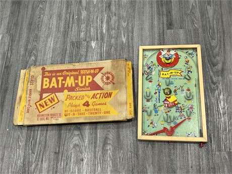 VINTAGE BAT-M-UP BASE BALL PINBALL GAME W/ ORIGINAL BOX (BOX HAS WATER DAMAGE)