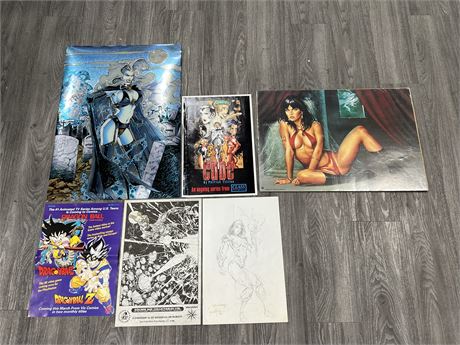LOT OF COMIC POSTERS, ART WORK & ECT - SOME SIGNED - LARGEST IS 27”x19”