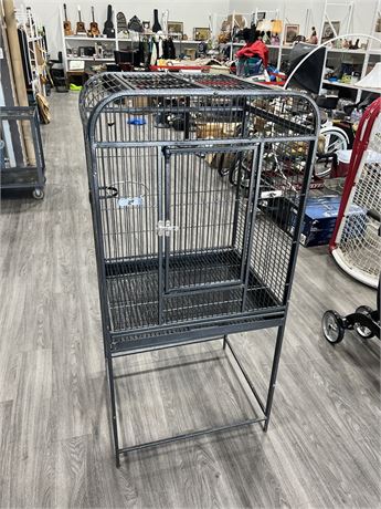 LARGE ELEVATED METAL BIRD CAGE - EXCELLENT CONDITION (23”x27”x58” tall)