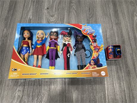 NEW DC SUPER HERO GIRLS DOLL SET + SUPERMAN KIDS WATCH (FACE HAS SCRATCHES)