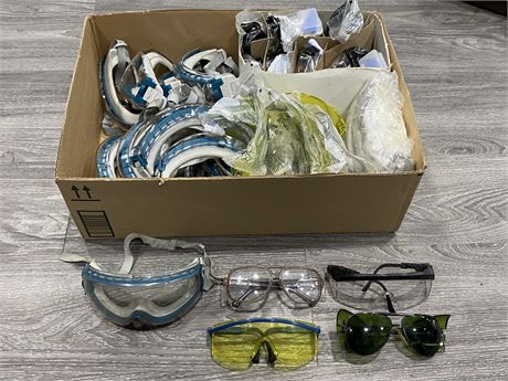 BOX OF NEW SAFETY GLASSES & NEW REPLACEMENTS