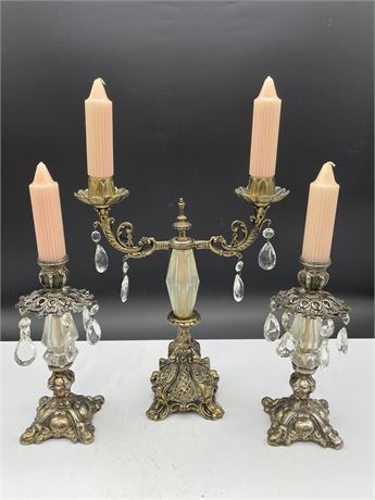MCM SET OF 3 GILT BRASS CANDLEHOLDERS W/CRYSTAL PRISMS (17.5” TALL)