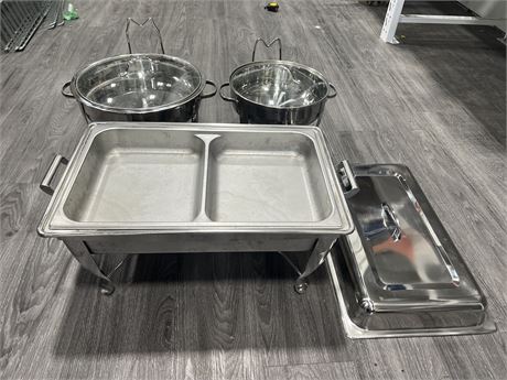 3 BUFFET STYLE FOOD SERVING TRAYS / POTS - LARGEST POT IS 15” DIAM