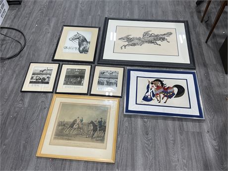 LOT OF HORSE RELATED ART (Largest is 38”x28”)
