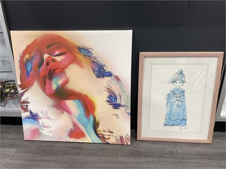 SIGNED WATERCOLOUR OF LITTLE GIRL + CANVAS PAINTING OF WOMAN LARGEST 27”x26”