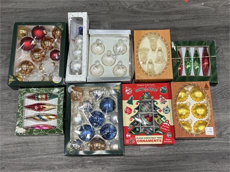 9 BOXES OF GLASS XMAS ORNAMENTS