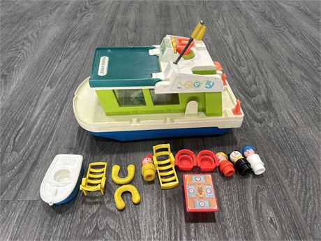 VINTAGE FISHER PRICE BOAT W/ FIGURES & ACCESSORIES - BOAT IS 13”