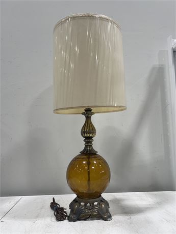 VINTAGE AMBER GLASS + BRASS LAMP W/ SHADE - 33” TALL