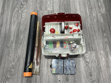 SMALL TACKLE BOX W/ CONTENTS + FISHING ROD
