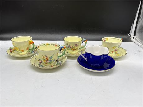 5 ANTIQUE STAFFORDSHIRE HAND PAINTED CUPS & SAUCERS