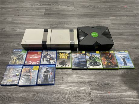 BOX OF 2 NES SYSTEMS & ORIGINAL XBOX + PS4 & XBOX GAMES (UNTESTED)