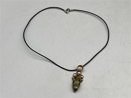 925 STERLING SILVER W/BALTIC AMBER STONE PENDANT W/BLACK CORD NECKLACE