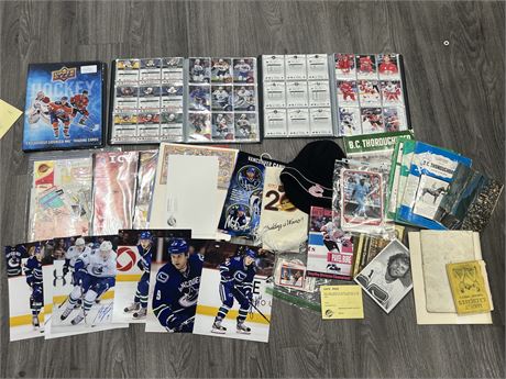 TIM HORTONS HOCKEY CARDS SETS, CANUCKS COLLECTABLES, SIGNED PHOTOS, ETC