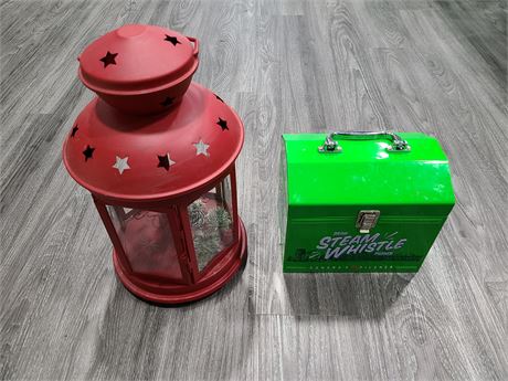 METAL CANDLE HOLDER & STEAM WHISTLE BEER BOX