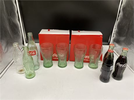 4 NEW COCA COLA GLASSES & FULL / EMPTY BOTTLES