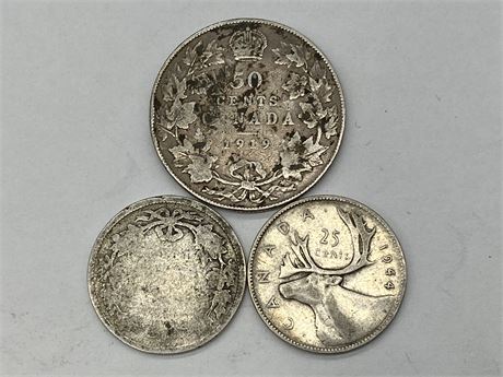1919 SILVER 50 CENT COIN + 2 SILVER QUARTERS
