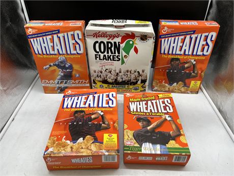 5 SPORTS CEREAL BOXES - 3 WHEATIES ARE SEALED, 1 WHEATIES EMPTY, KELLOGGS OPEN