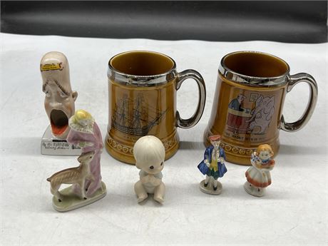 (2) 1950s LORD NELSON BEER TANKARDS, MISC FIGURES & ASHTRAY