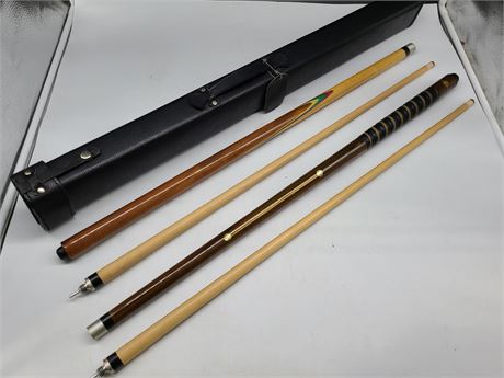 2 POOL CUES IN LEATHER HARD CASE