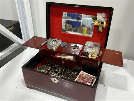 ASIAN JEWELRY BOX FULL OF JEWELRY/ COLLECTABLES