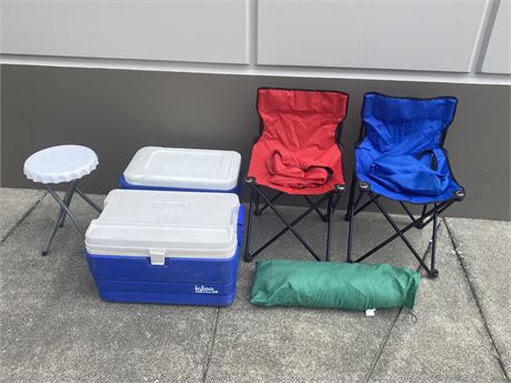 3 PERSON TENT, 2 FOLDING CAMP CHAIRS, 2 COOLERS, 1 STOOL