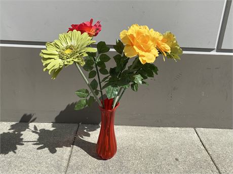 VINTAGE RED STRETCH ART GLASS FLOOR VASE (6.5”X22”)