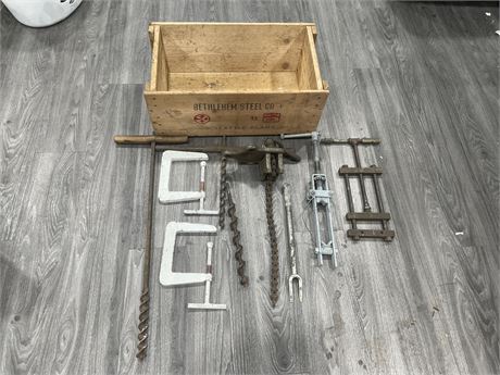 WOODEN CRATE OF VINTAGE CLAMPS