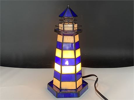 STAINED GLASS LIGHTHOUSE LAMP - WORKS (10” TALL)