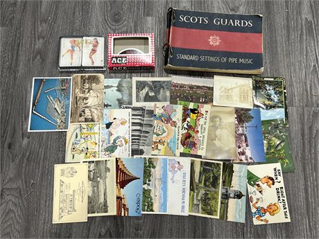 VINTAGE POSTCARDS, DOUBLE SET OF 1950s PLAYING CARDS & SCOTS GUARDS MUSIC BOOK