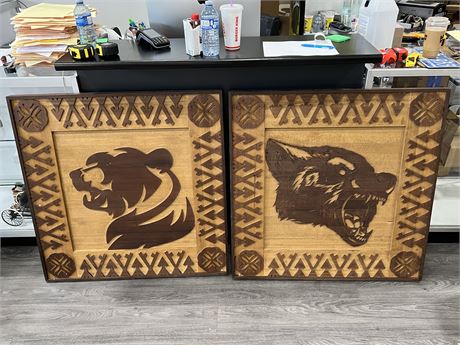 2 WOOD CARVED WOOD PANELS OF A BEAR & WOLF - FROM SONIC 2 MOVIE SET
