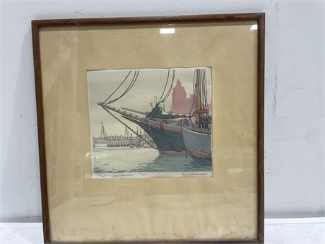 1936 PAUL GORANSON LITHOGRAPH BOATS IN COAL HARBOUR 19”x20”