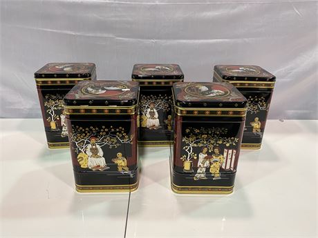 5 FOREIGN THEMED METAL TINS