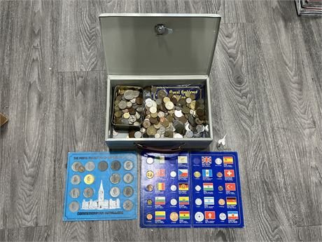 COLLECTION OF MISC COINS / TOKENS IN LOCK BOX